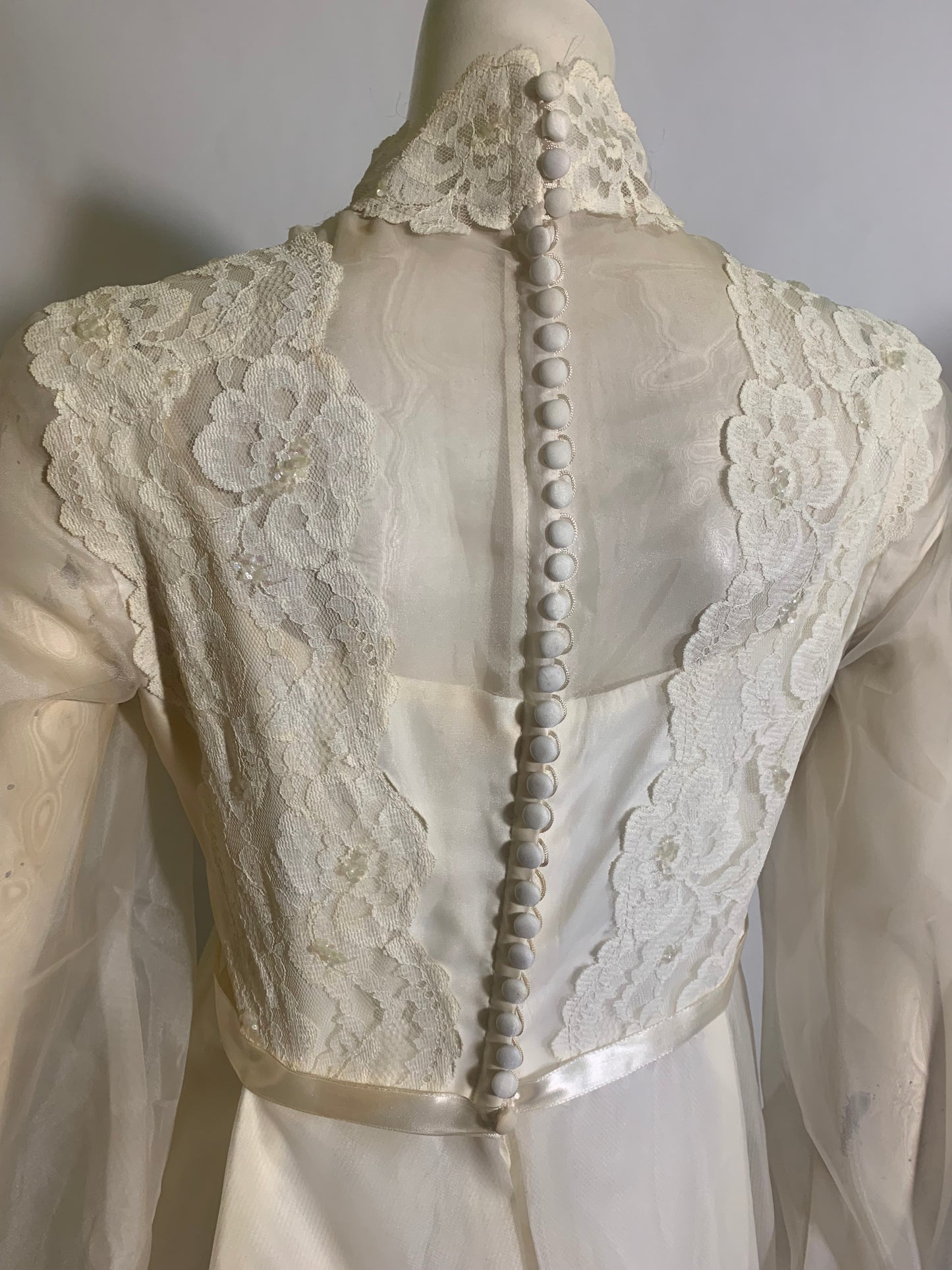 Regency Inspired Empire Waist Lace Trimmed Wedding Dress & Long Veil circa 1960s