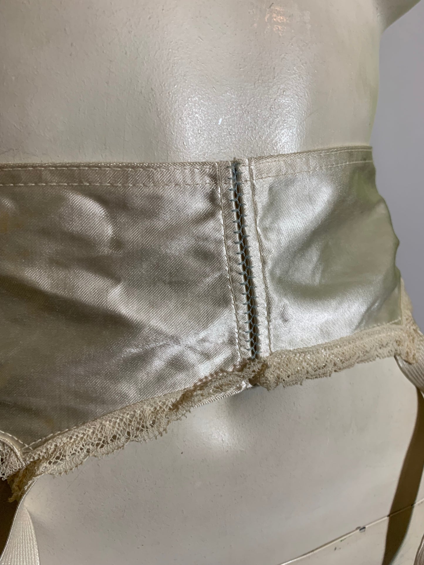 Silvery White Satin Garter Belt with Blue Stitching circa 1930s