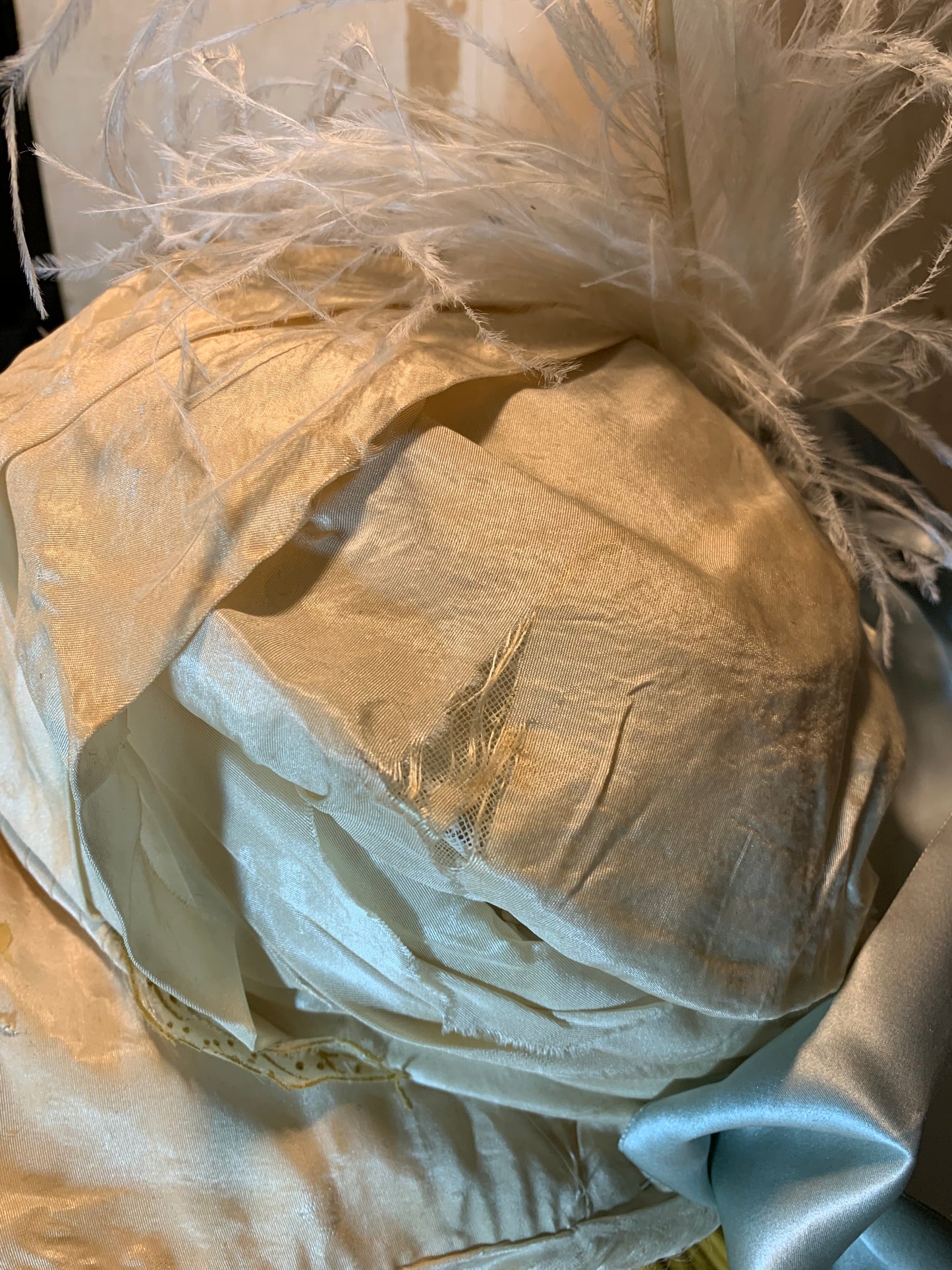 The Bride Reimagined Edwardian Silk Hat and Flowers with Antique Hanky, Pale Blue Ribbon and Feathers