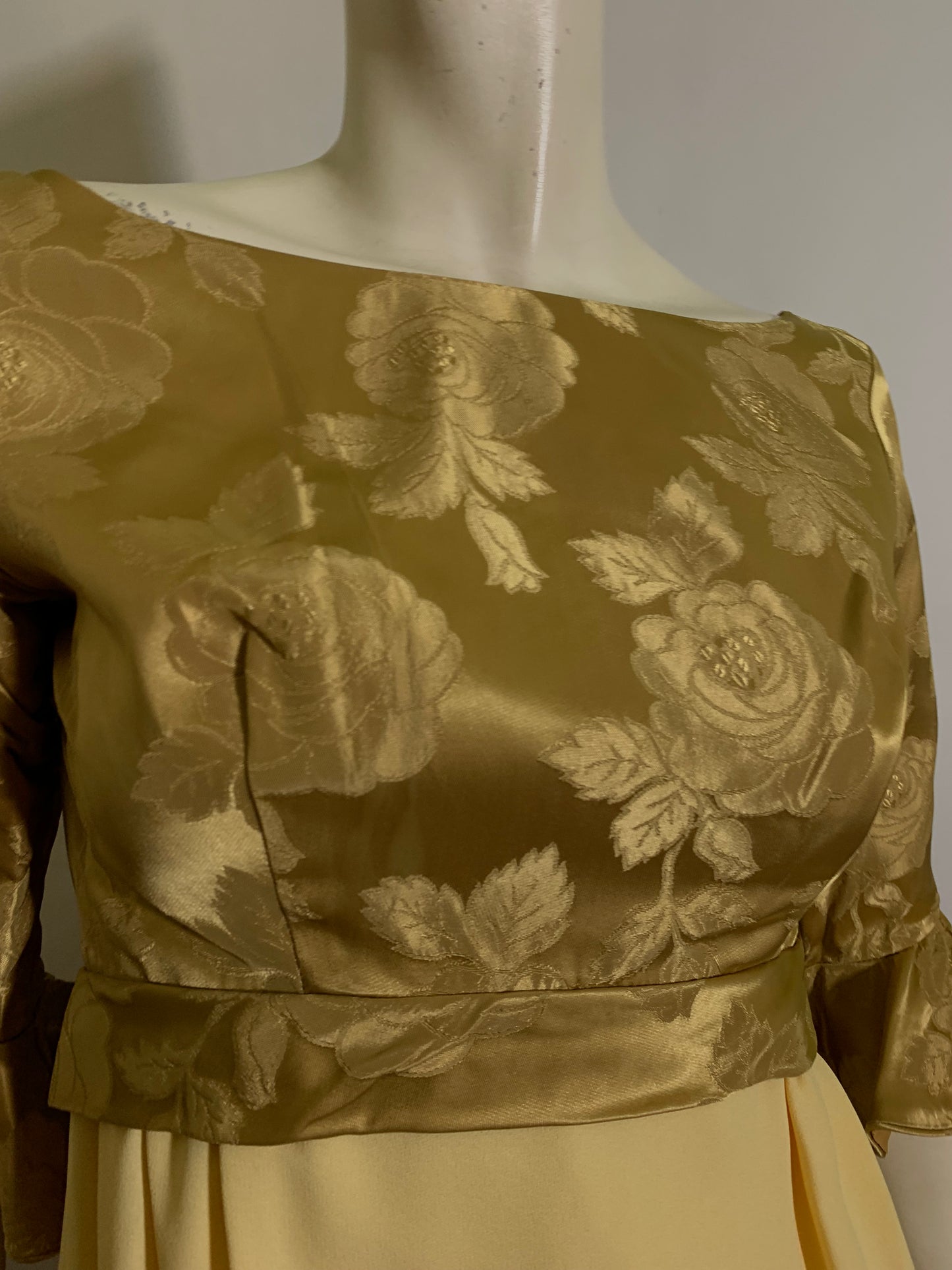 Goldenrod Long Dress Satin Bodice Watteau Train circa 1960s