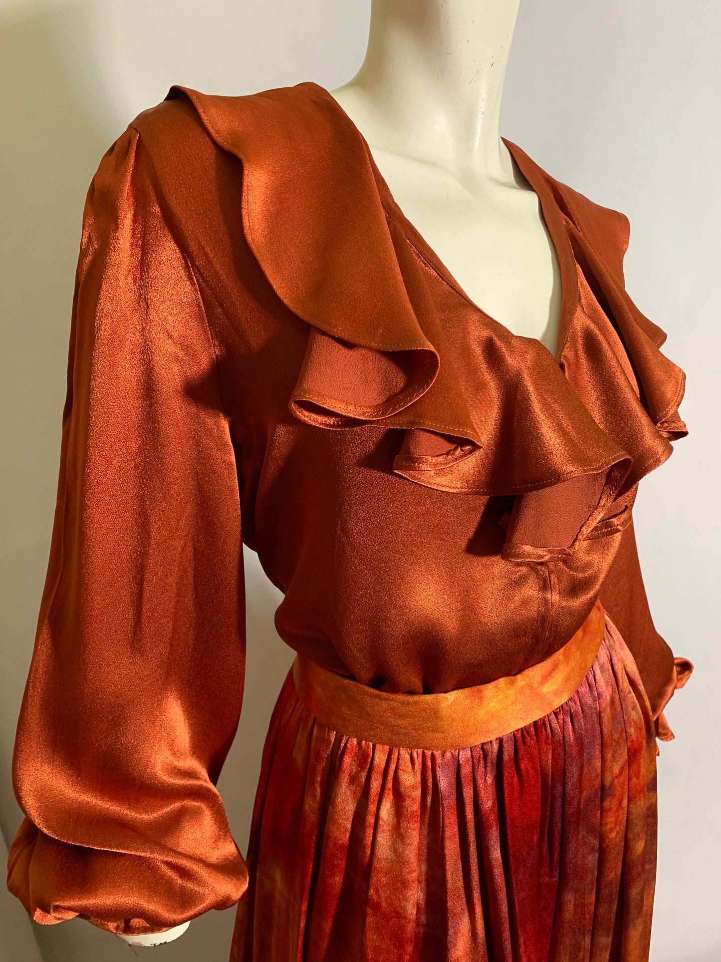 Fiery Tie Dye Peasant Style Silk Charmeuse 3 Piece Maxi Dress Set circa 1970s