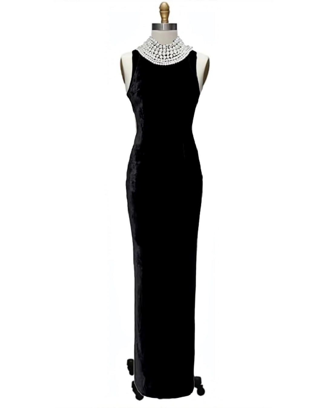 Hepburn- the Low Back Faux Pearl Necklace Collar Black Velvet Evening Gown