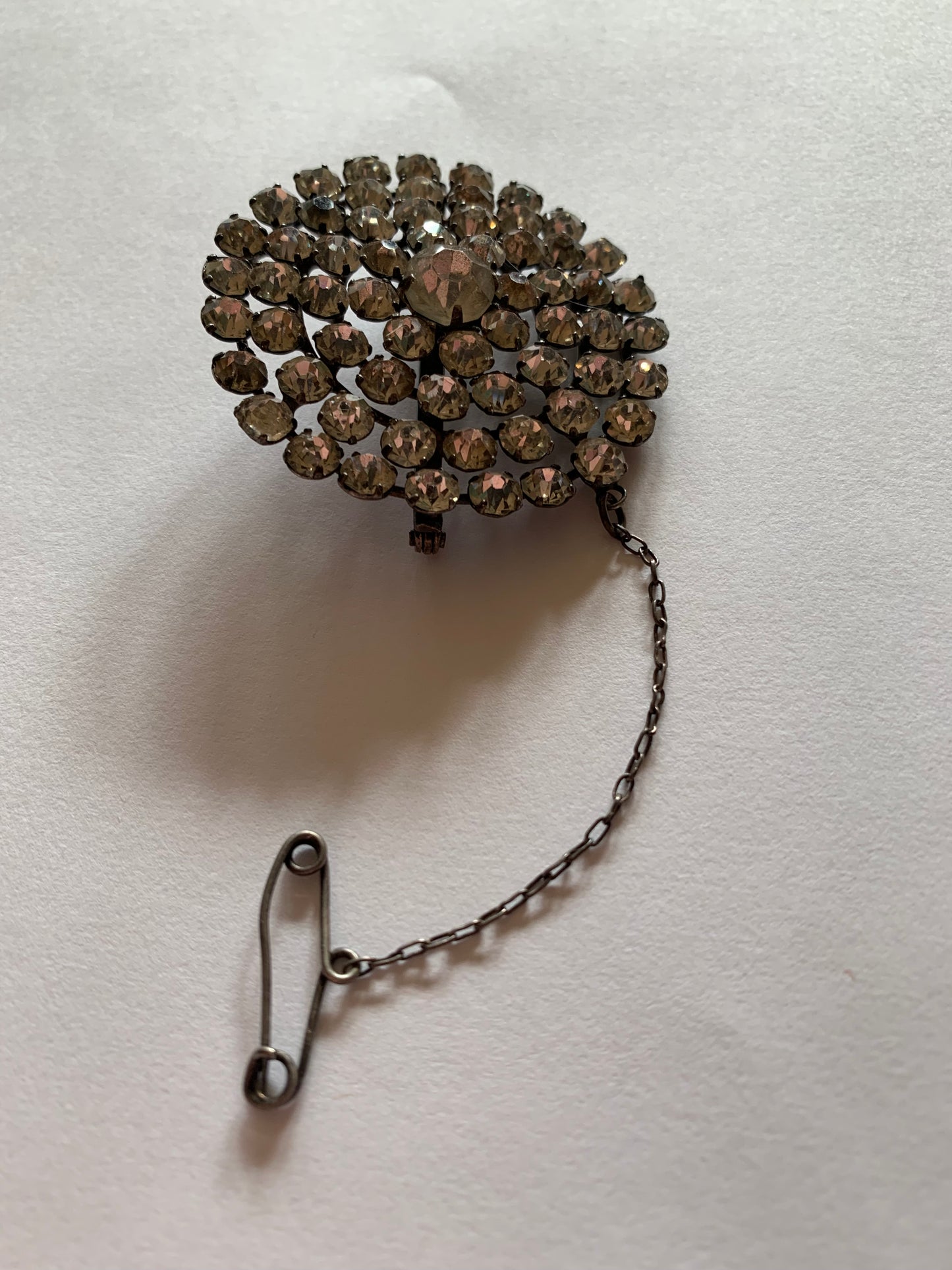 Elegant Clear Rhinestone Round Brooch on Chain with Pin circa 1800s