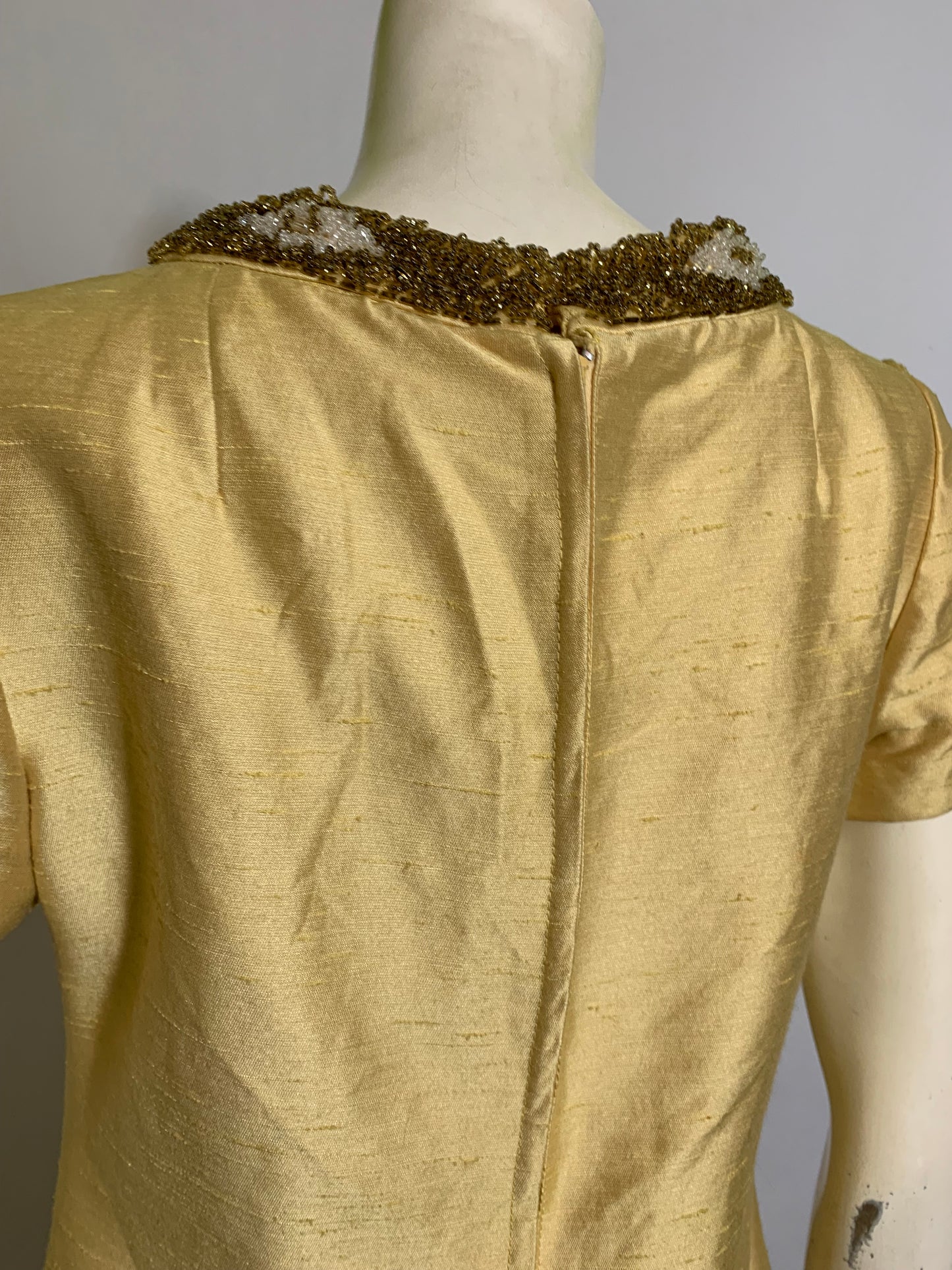 Golden Yellow Slubbed Silk Beaded Collar Cocktail Dress circa 1960s