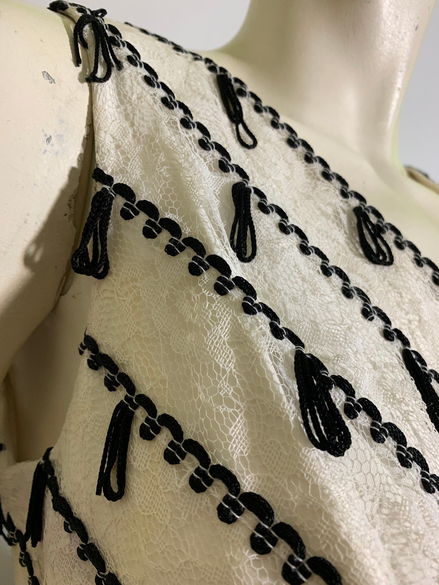 Sassy Little Black and White Mini Cocktail Dress with Loop Tassels on Lace Bodice circa 1960s