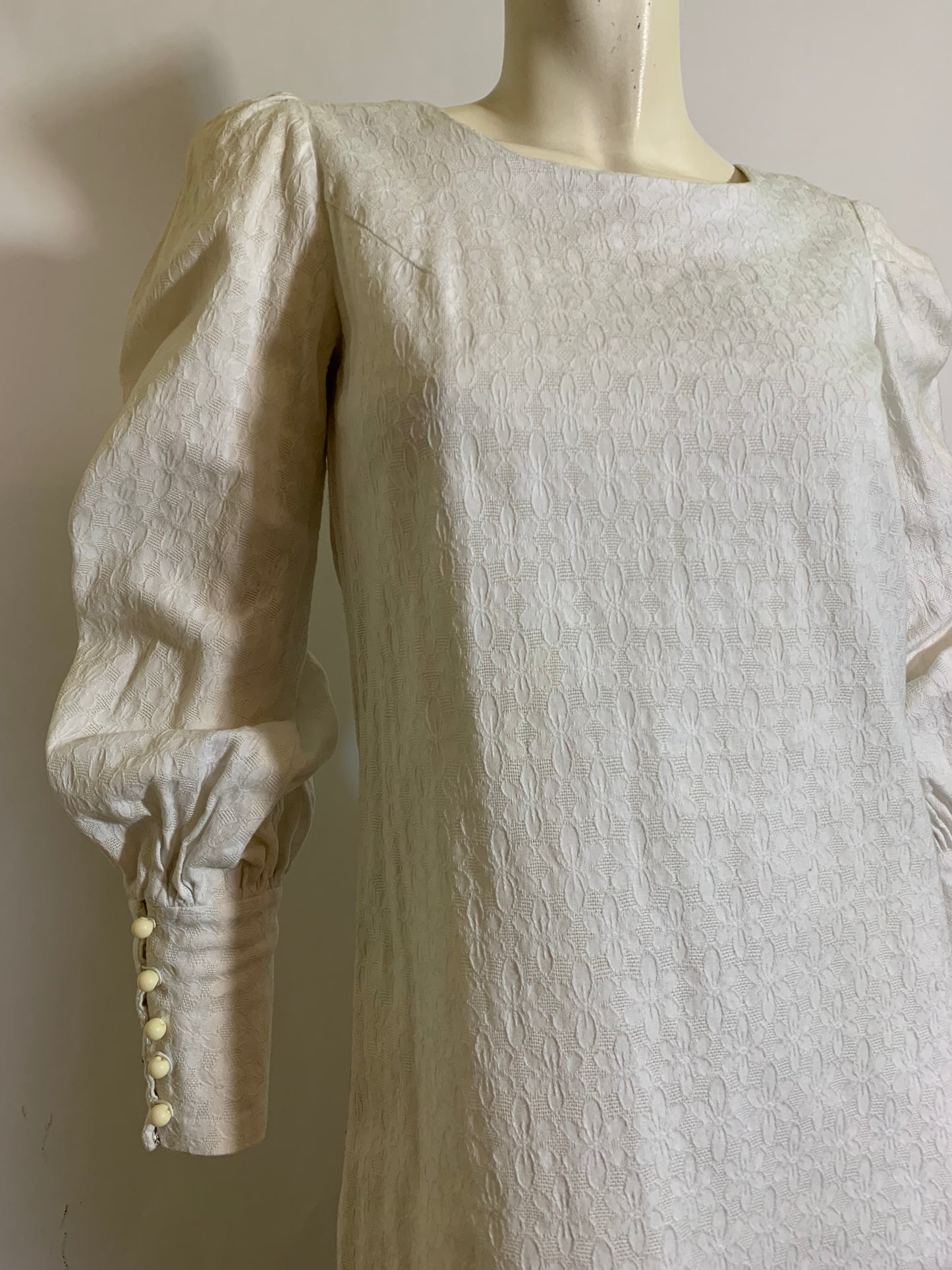 White Lacy Textured Cotton Mini Dress Full Sleeves circa 1960s