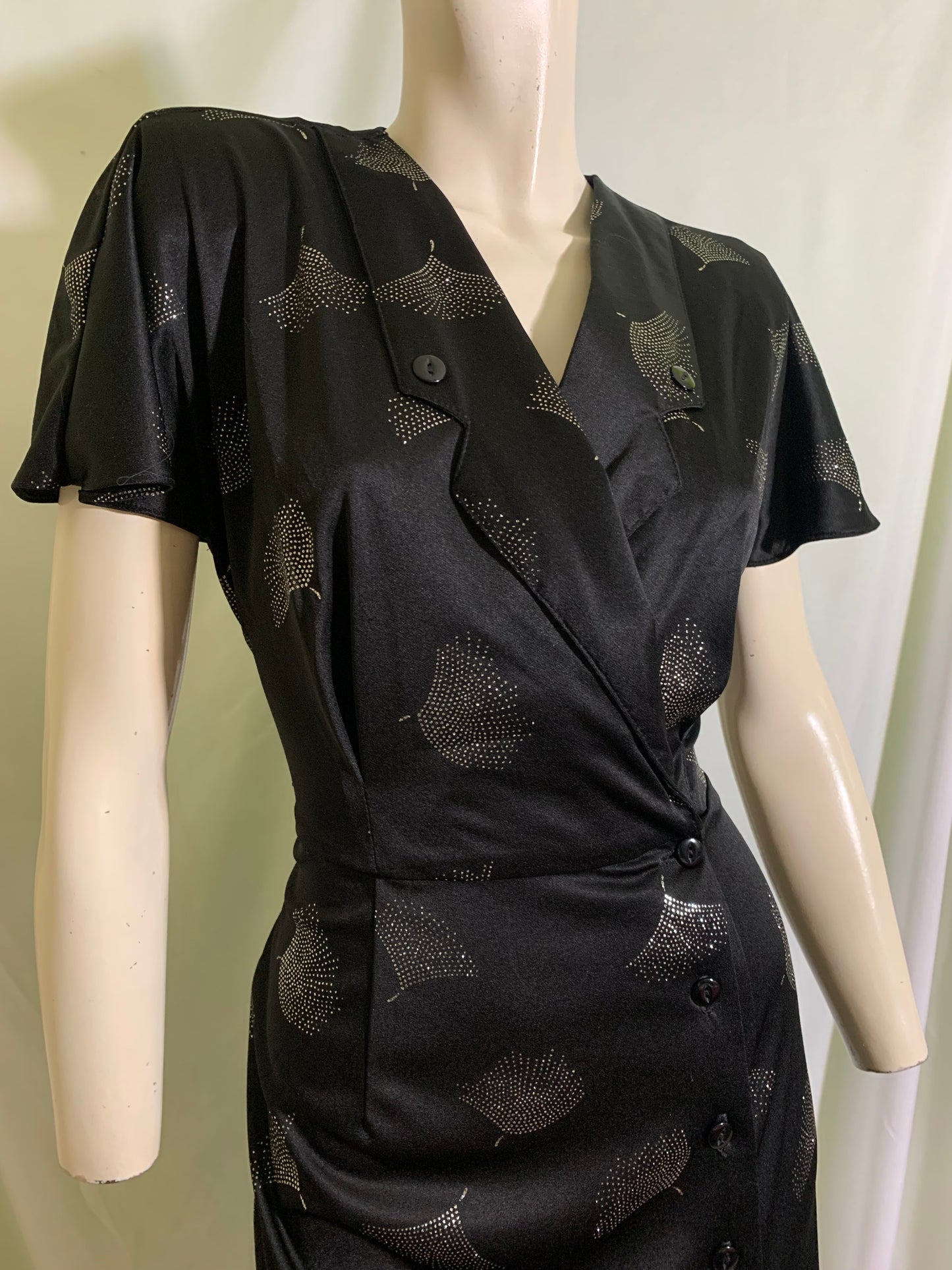 Black Nylon Slinky Disco Dress with Silver Art Deco Design circa 1980s