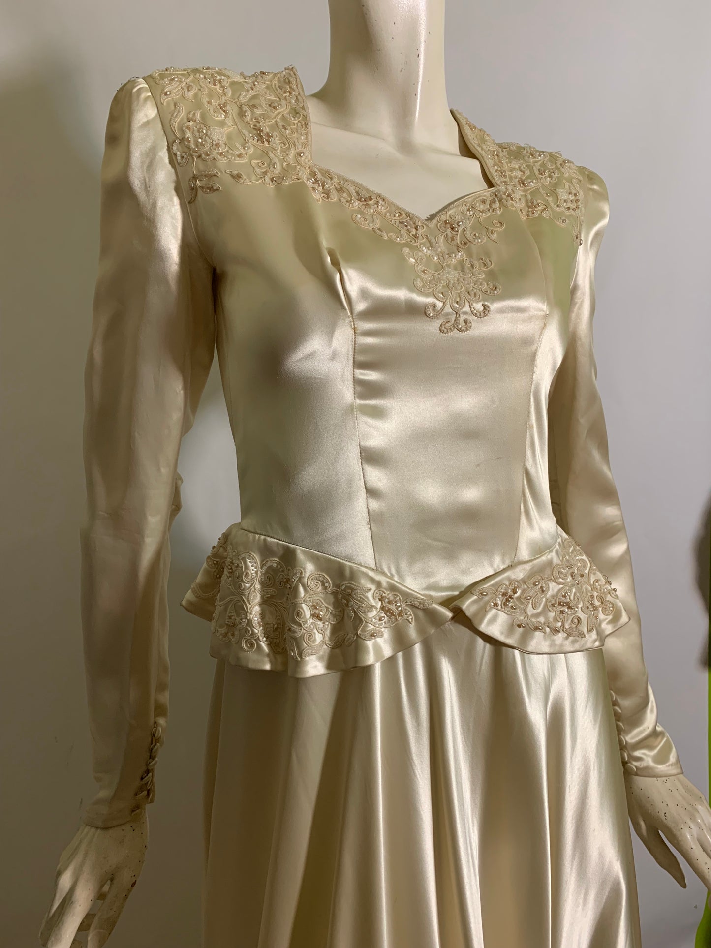 Winter White Slipped Satin Wedding Dress with Beaded Neckline and Hip Accents circa 1940s