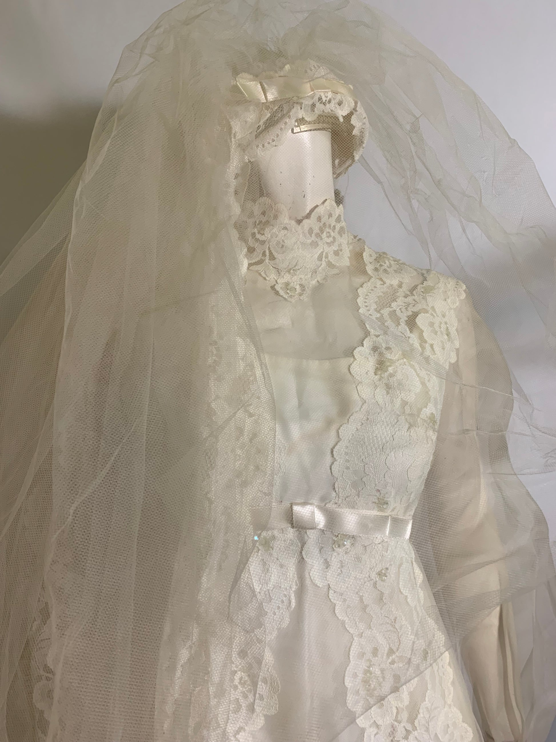 Regency Inspired Empire Waist Lace Trimmed Wedding Dress & Long Veil circa 1960s Regency Inspired Empire Waist Lace Trimmed Wedding Dress & Long Veil circa 1960s