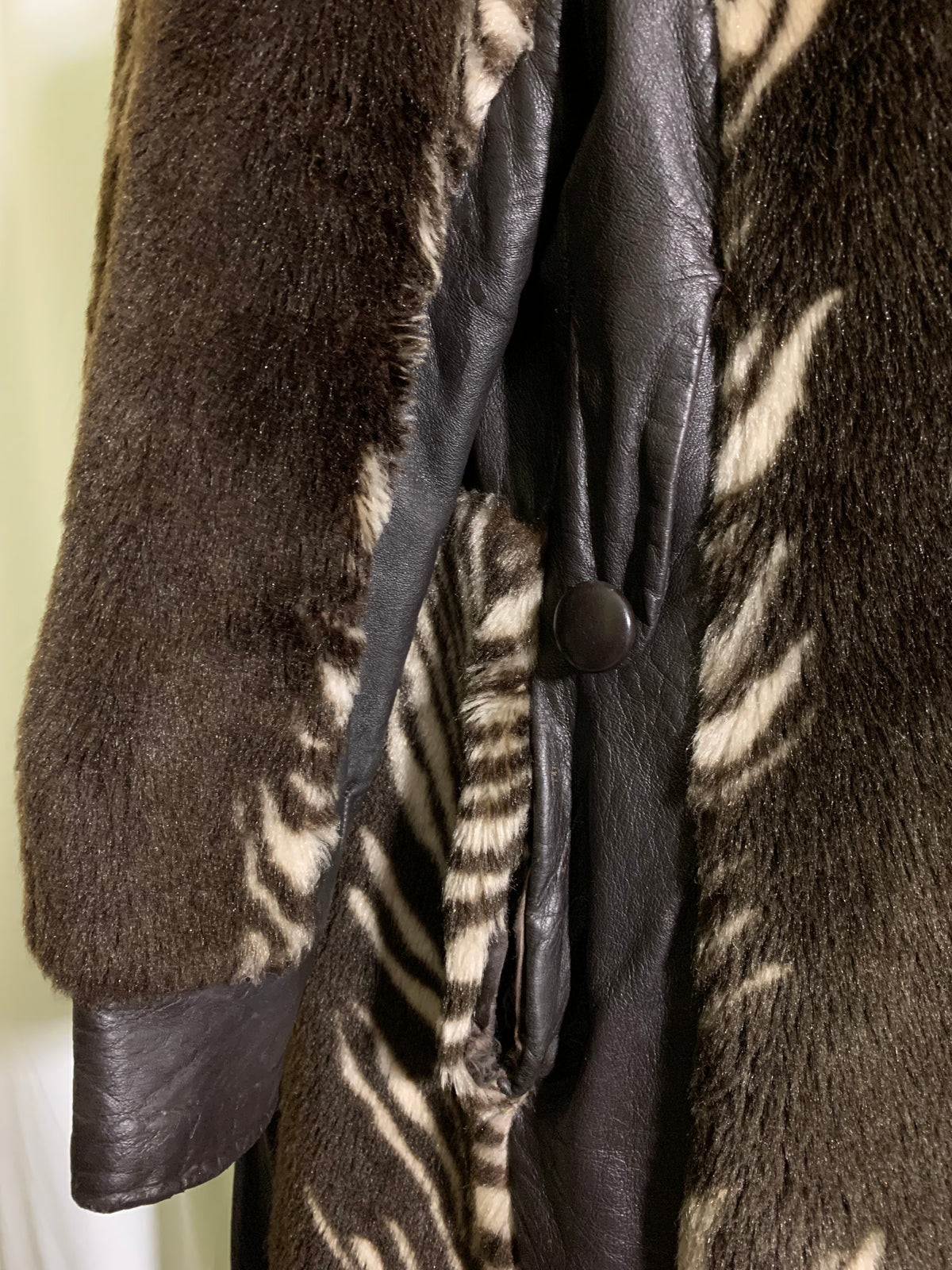 Funky Deep Brown Zebra Stripe Faux Fur Coat Pleather Accents circa 1970s
