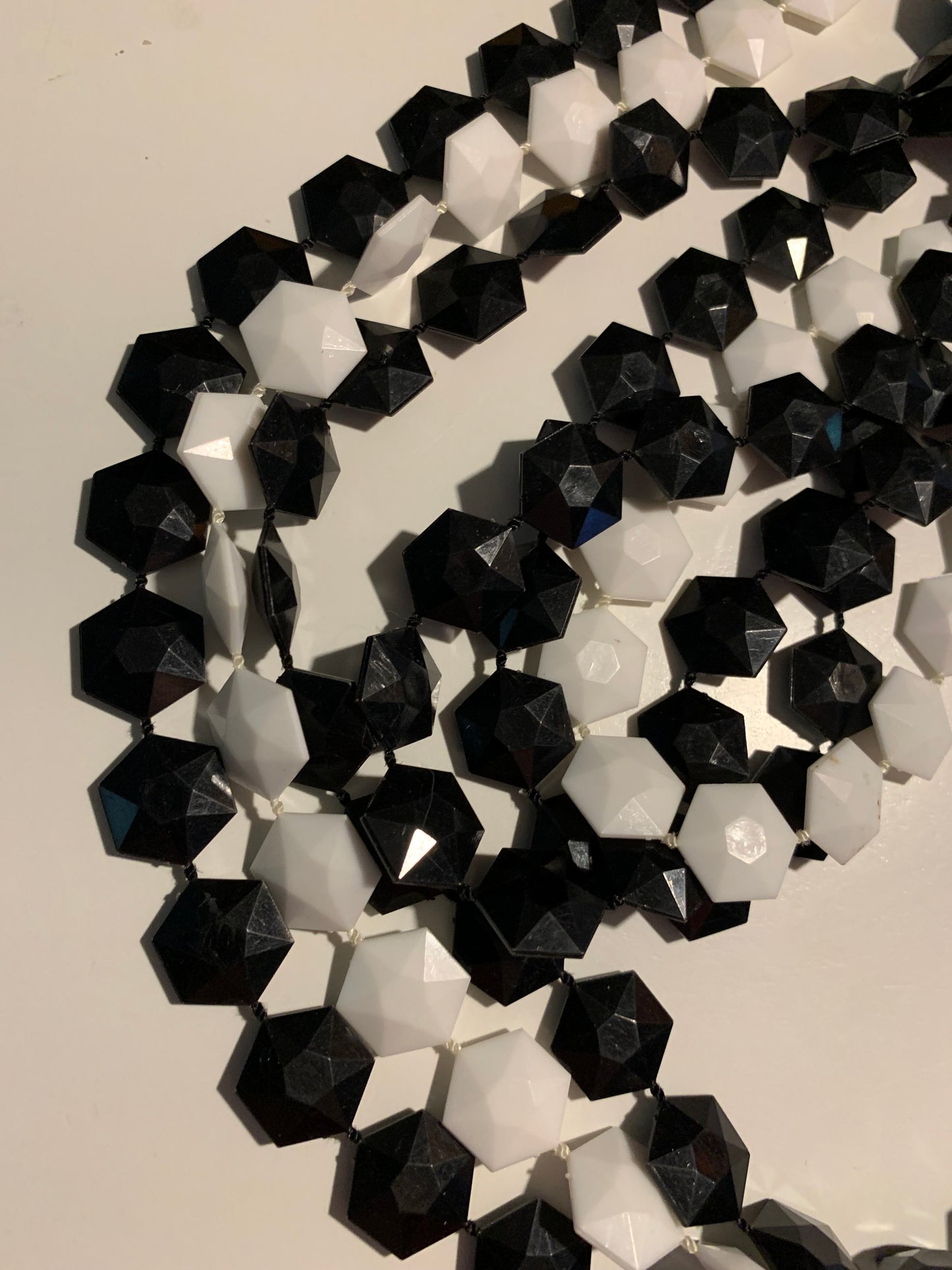 Multistrand Black and White Plastic Geometric Bead Necklace circa 1960s