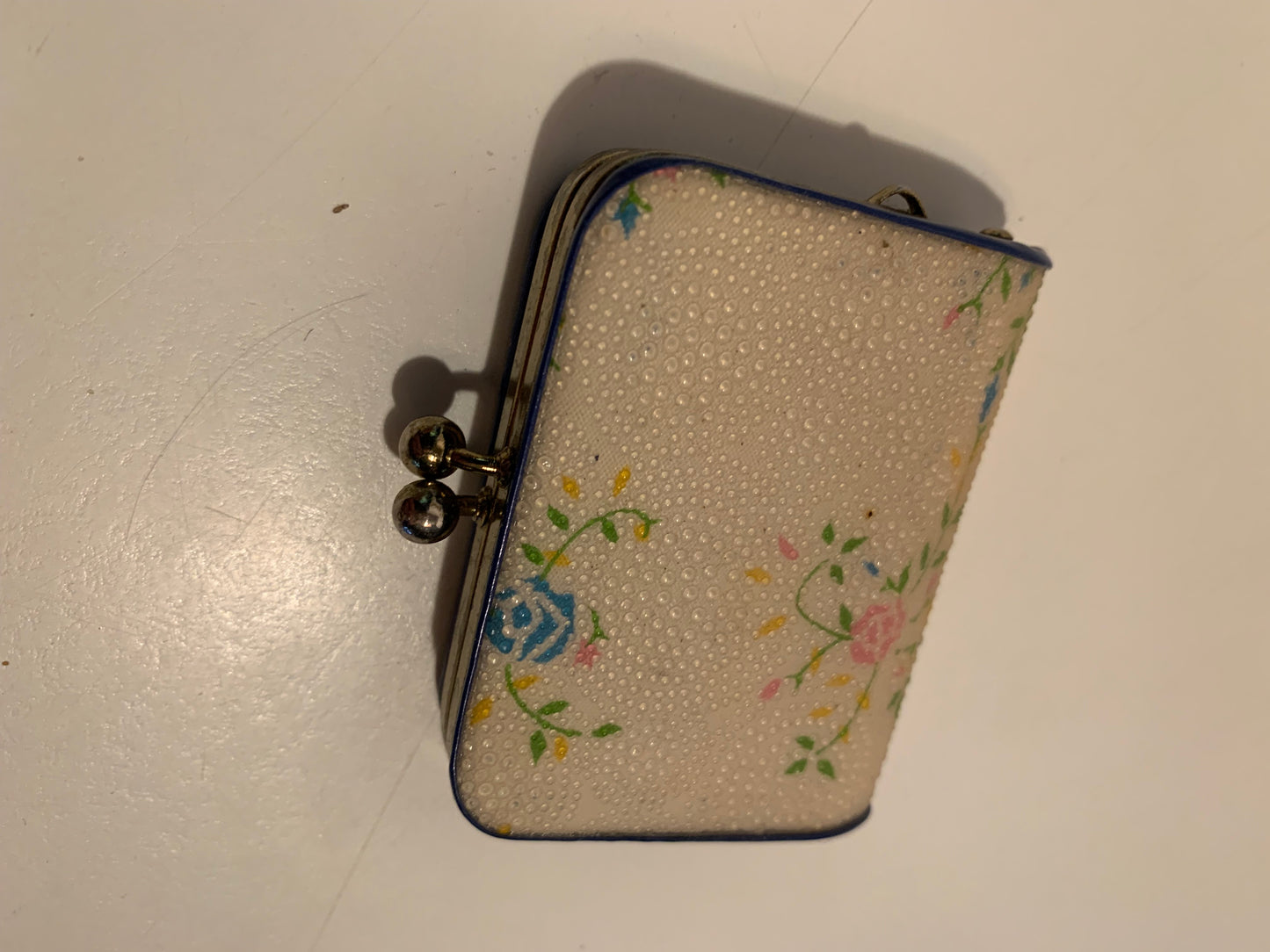 Black Hard Side Mini Coin Purse Pastel Flowers circa 1970s