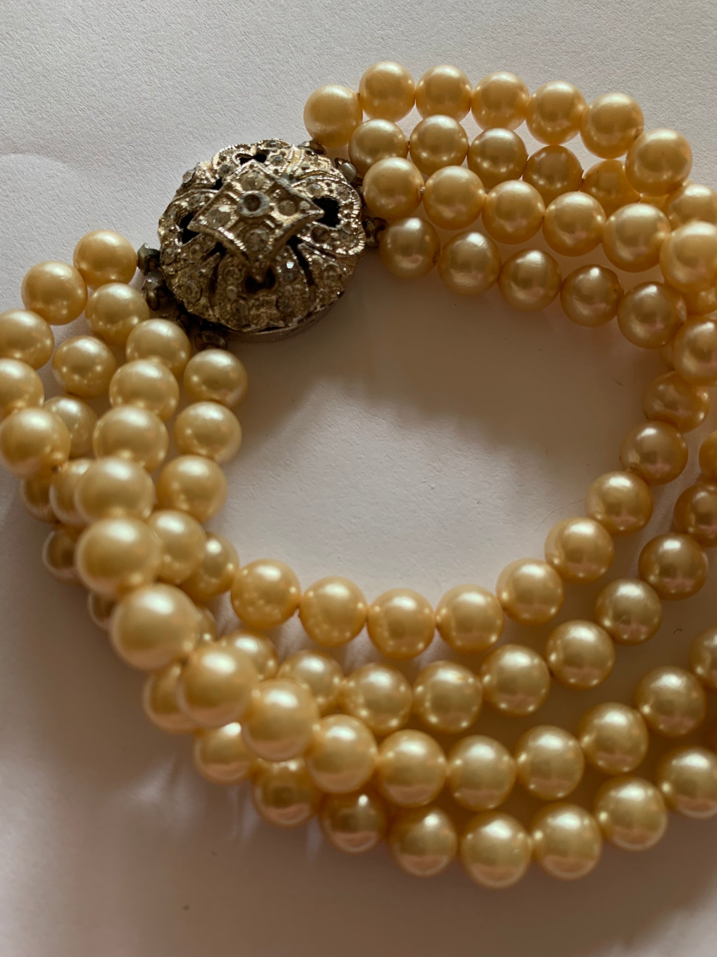 Luxe Quadruple Strand Faux Pearl Bracelet with Rhinestone Clasp circa 1930s