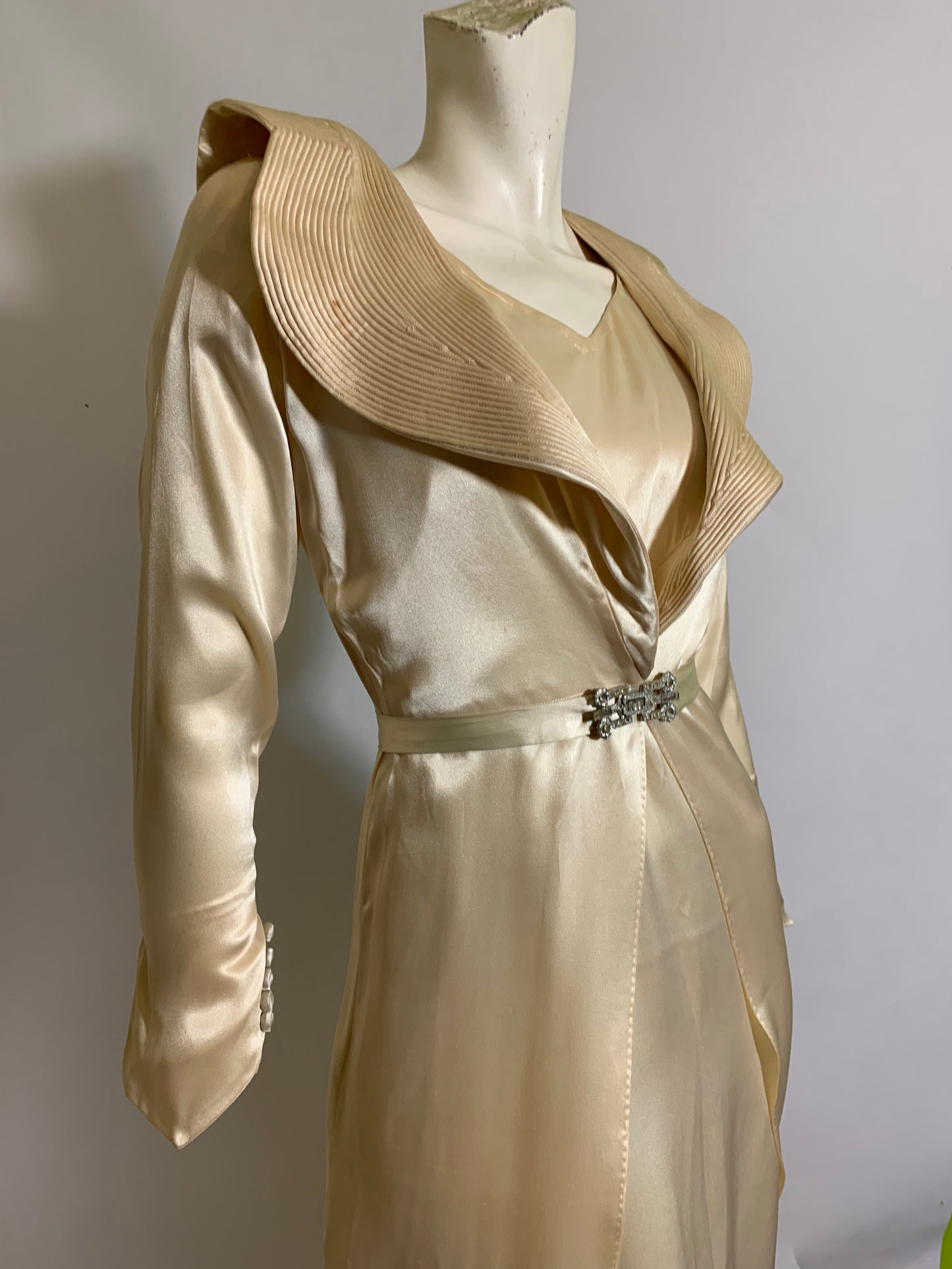 Art Deco Ivory Silk Wedding Dress with Long Train Jacket and Rhinestone Belt circa 1930s