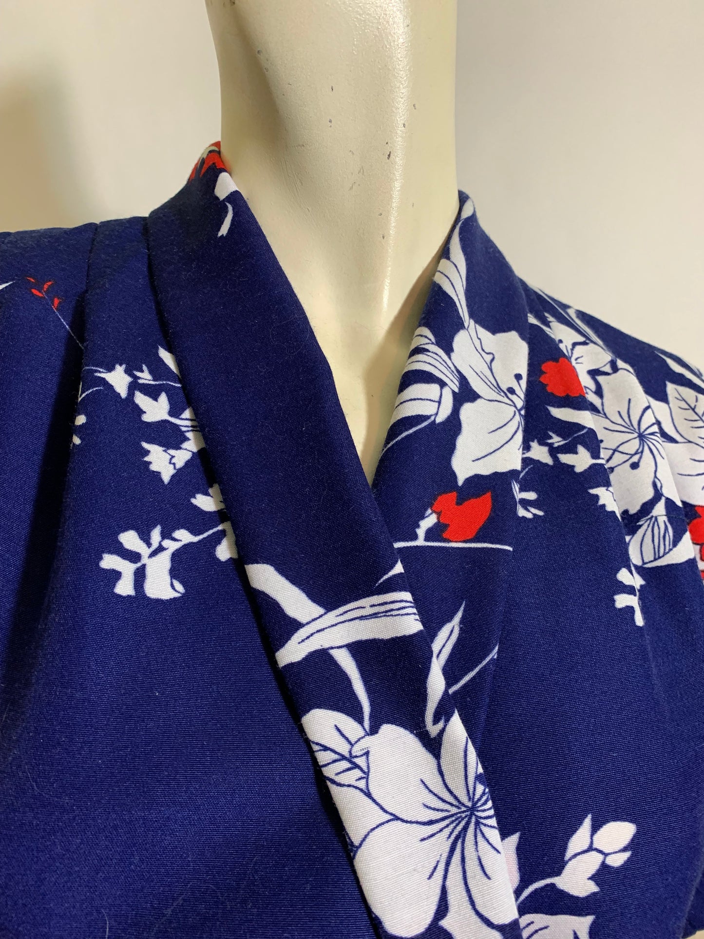 Red and White Hibiscus Print Blue Maxi Dress and Jacket Uniform American Airlines circa 1970s