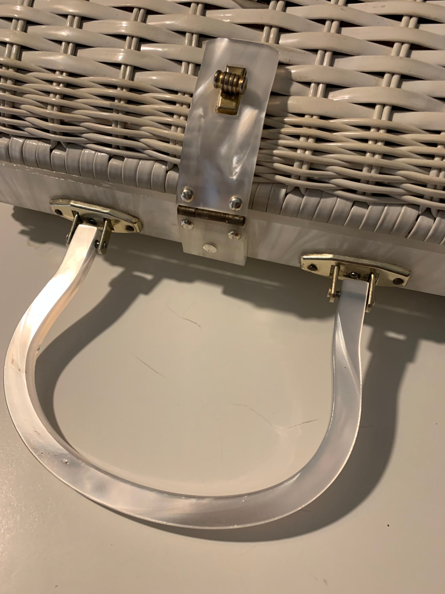 Lucite Trimmed White Wicker Handbag circa 1960s