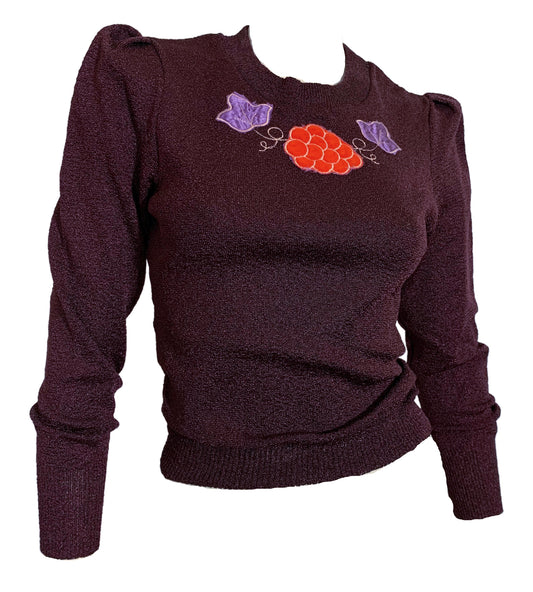 Aubergine Puff Sleeve Sweater with Leaves and Grapes circa 1970s
