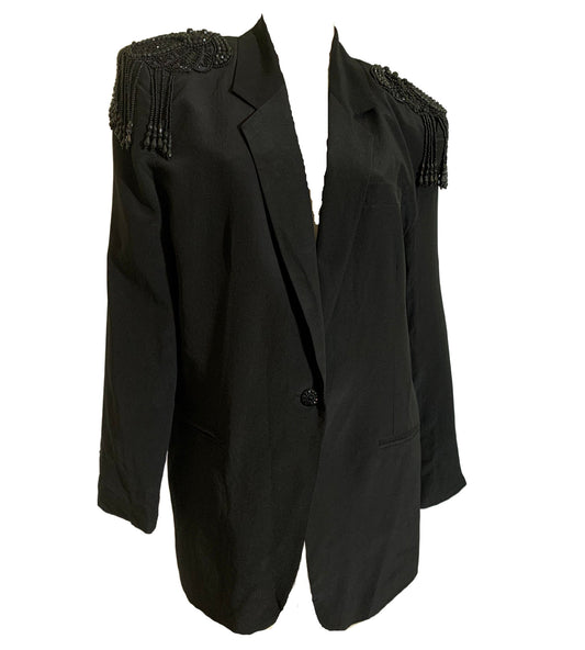 Black Oversized Boxy Blazer Jacket with Beaded Epaulets circa 1980s