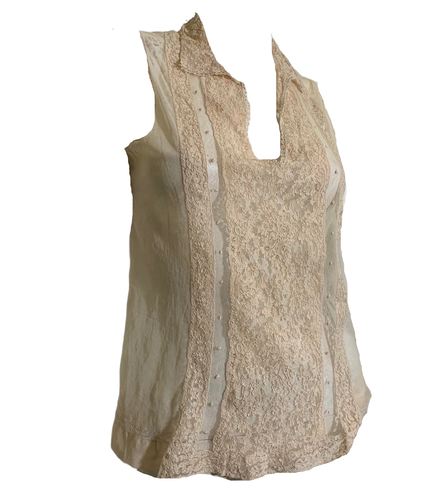 Sheer Ivory Mesh Lace Trimmed Layering Tunic Blouse circa 1920s