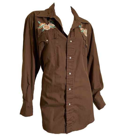 Embroidered Brown Long Sleeve Snap Front and Cuff Shirt circa 1970s