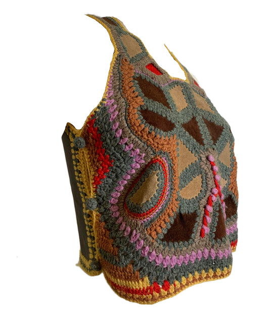 Vintage Hand Crocheted Leather Vest