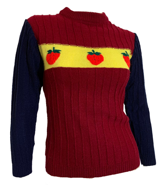 Strawberry Embroidered Color Blocked Sweater circa 1970s