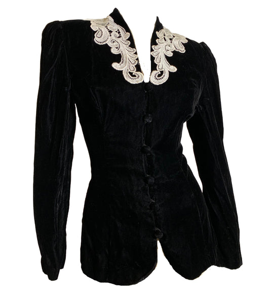 Noir Diva Black Velvet Nipped Waist Jacket with Lace Trim circa 1980s
