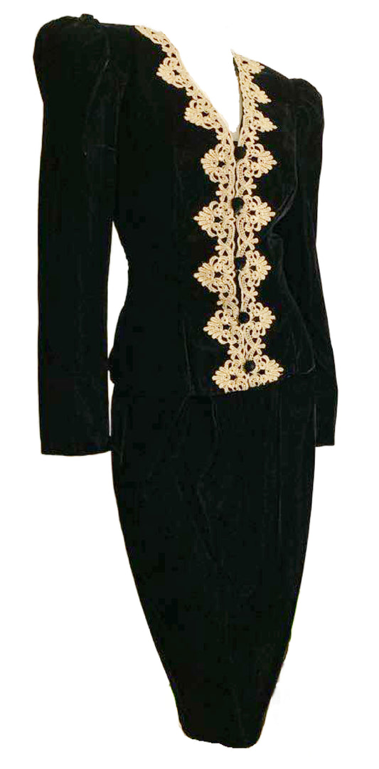 Black Velvet Cocktail Suit with Metallic Gold Braid Trim circa 1980s