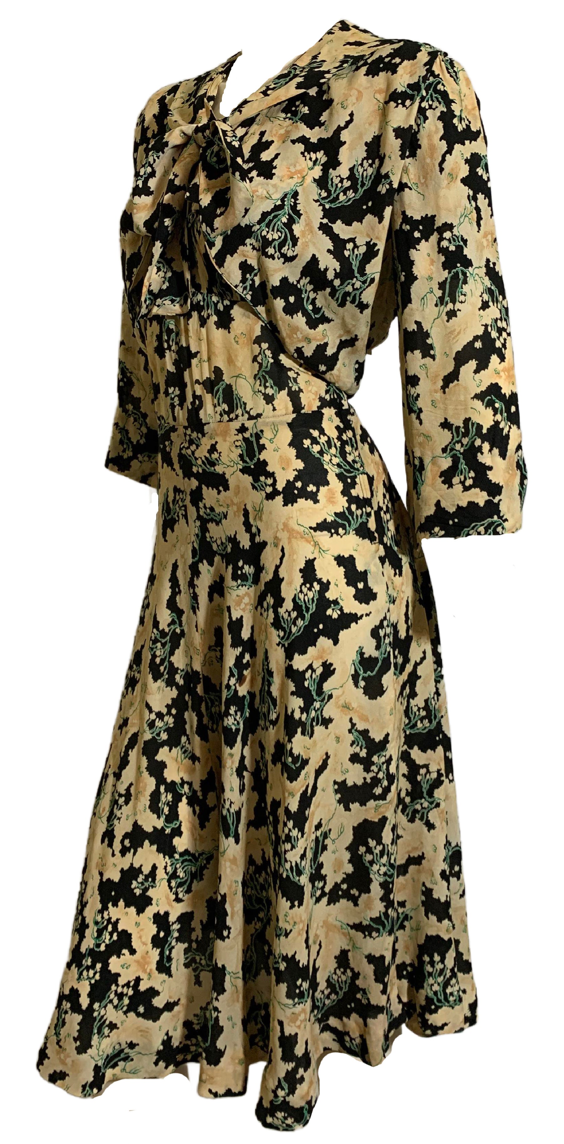 Asian Floral Print Silk Dress and Jacket Set with Bow Tie Collar