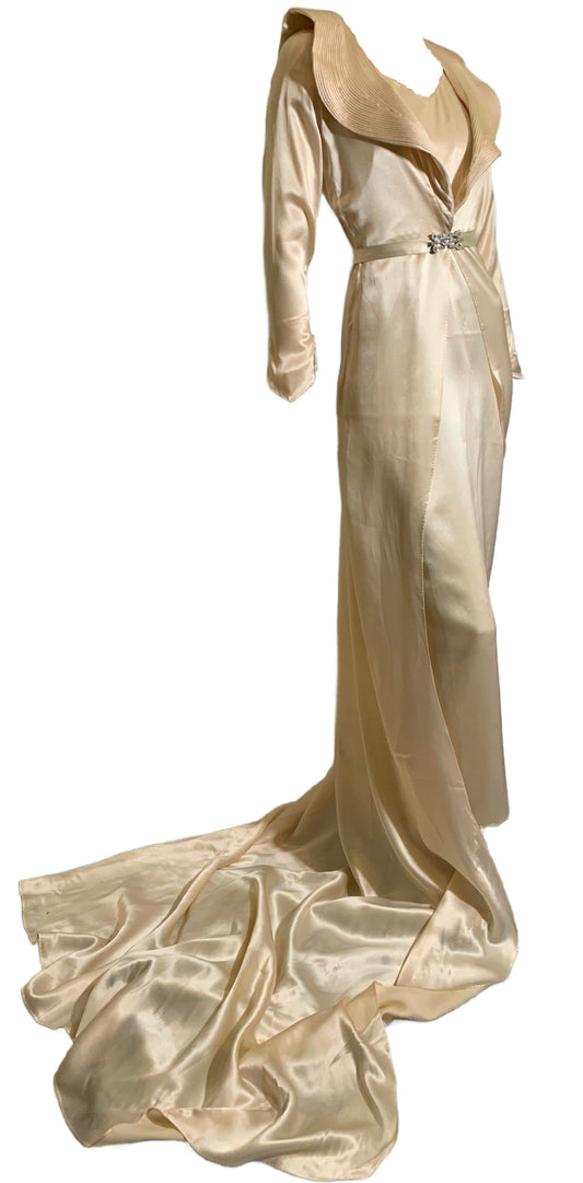 Art Deco Ivory Silk Wedding Dress with Long Train Jacket and Rhinestone Belt circa 1930s
