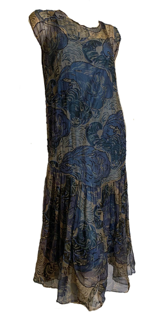 Vivid Blue Feather Plume Print Beaded Silk Chiffon Dropped Waist Dress circa 1920s