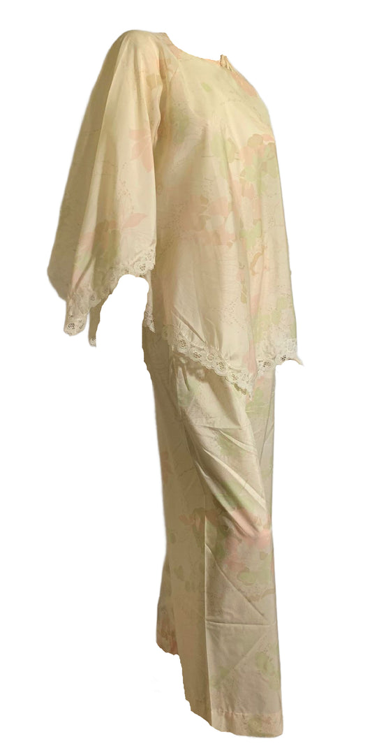 Watercolor Floral Print Jersey Kimono Sleeve Pajama Set circa 1980s Dior
