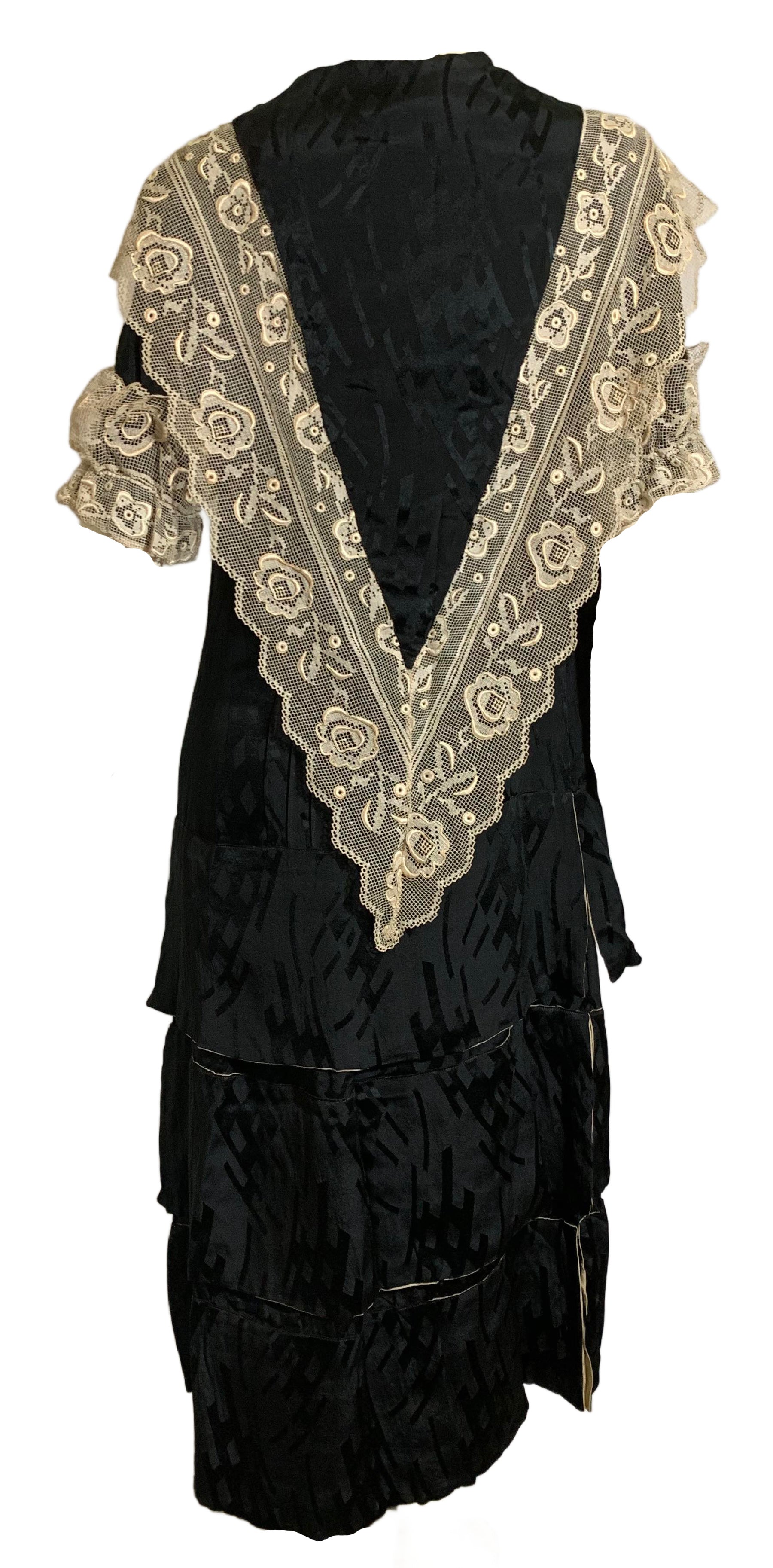 Black Silk Dropped Waist Dress with Wide Lace Trim circa 1920s Black Silk Dropped Waist Dress with Wide Lace Trim circa 1920s