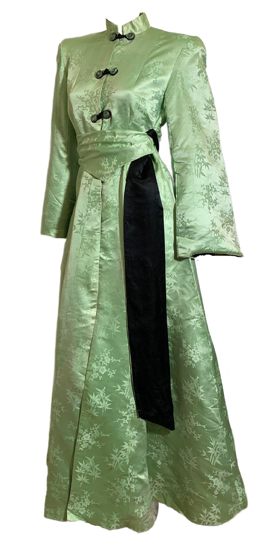 Seafoam Chinese Silk and Black Silk Charmeuse Bell Sleeve Dressing Gown Robe circa 1940s