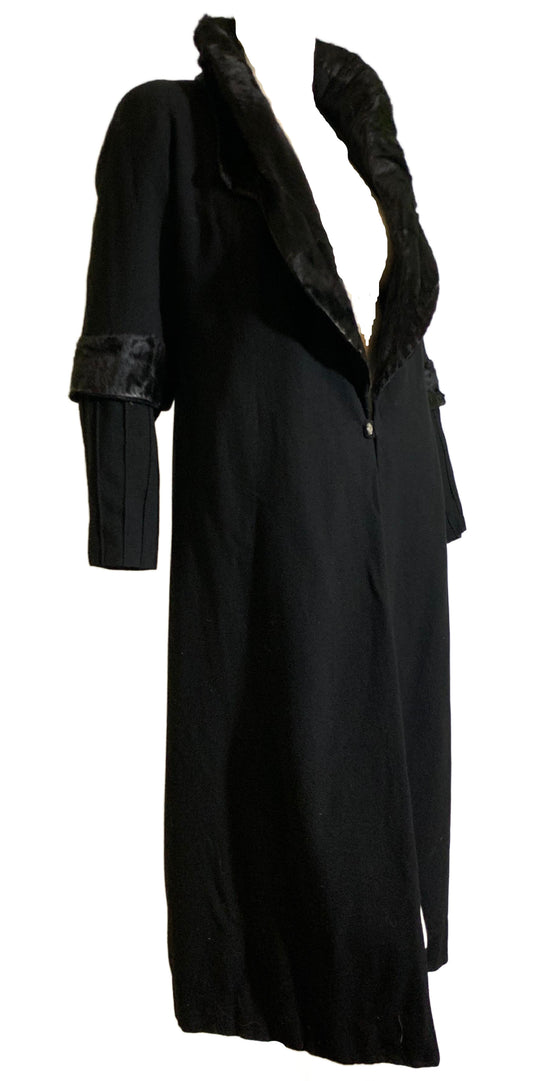 Glamorous Black Silk Coat with Sculpted Black Fur Stand Up Collar and Trim circa 1920s