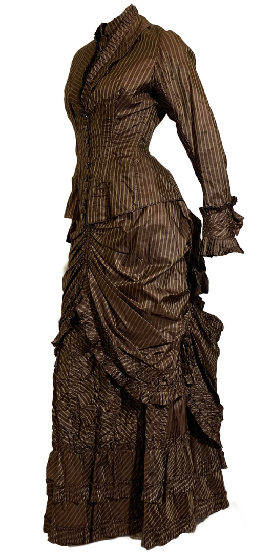 Curry and Cinnamon Pin Striped Silk 2 Piece Ruffled Bustle Back Skirt Dress with Glass Buttons circa 1880s