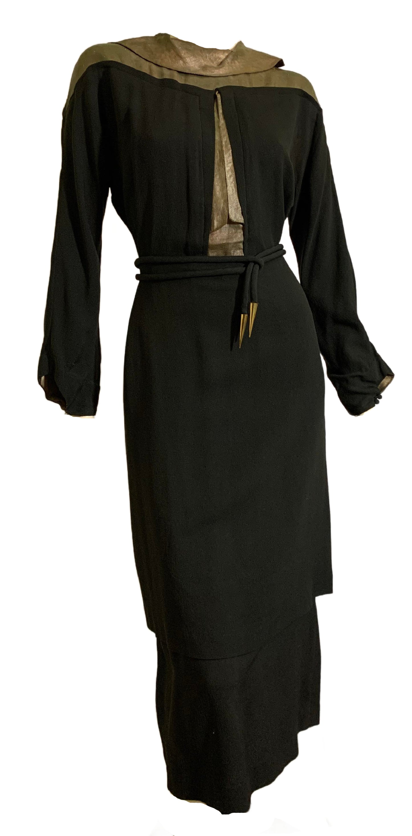 Black Crepe Rayon Evening Dress with Real Gold Metal Woven Accents circa 1930s