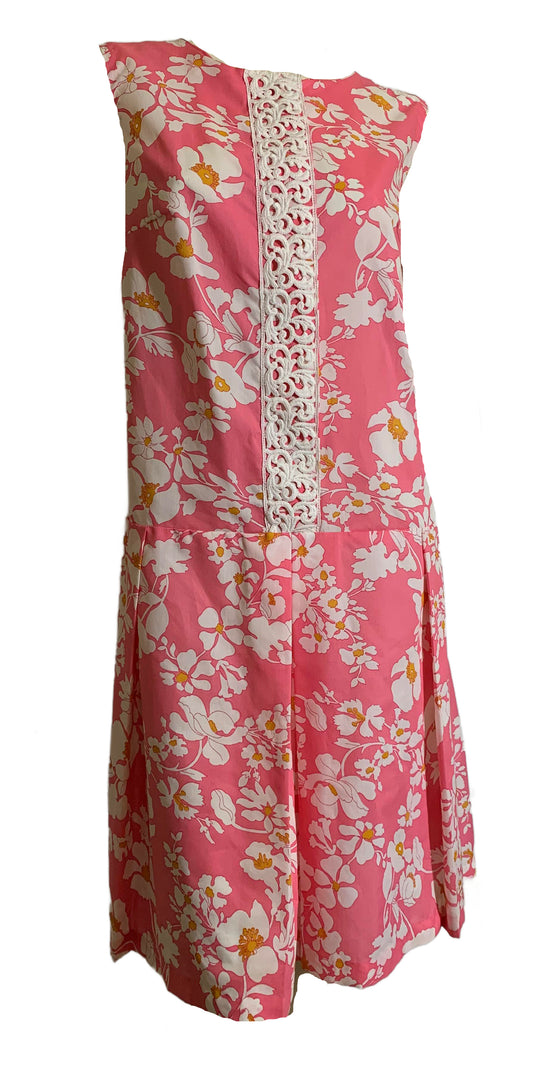 Pink and White Tropical Floral Print Scooter Shift Dress circa 1960s
