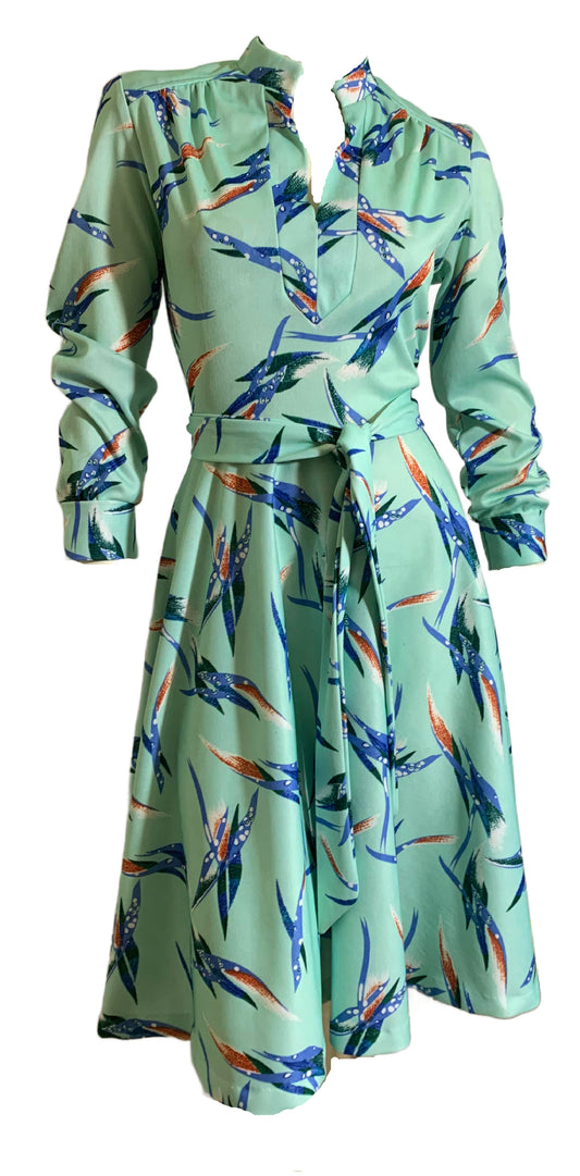 Mint Green Stylized Bird of Paradise Print Polyester Dress circa 1970s