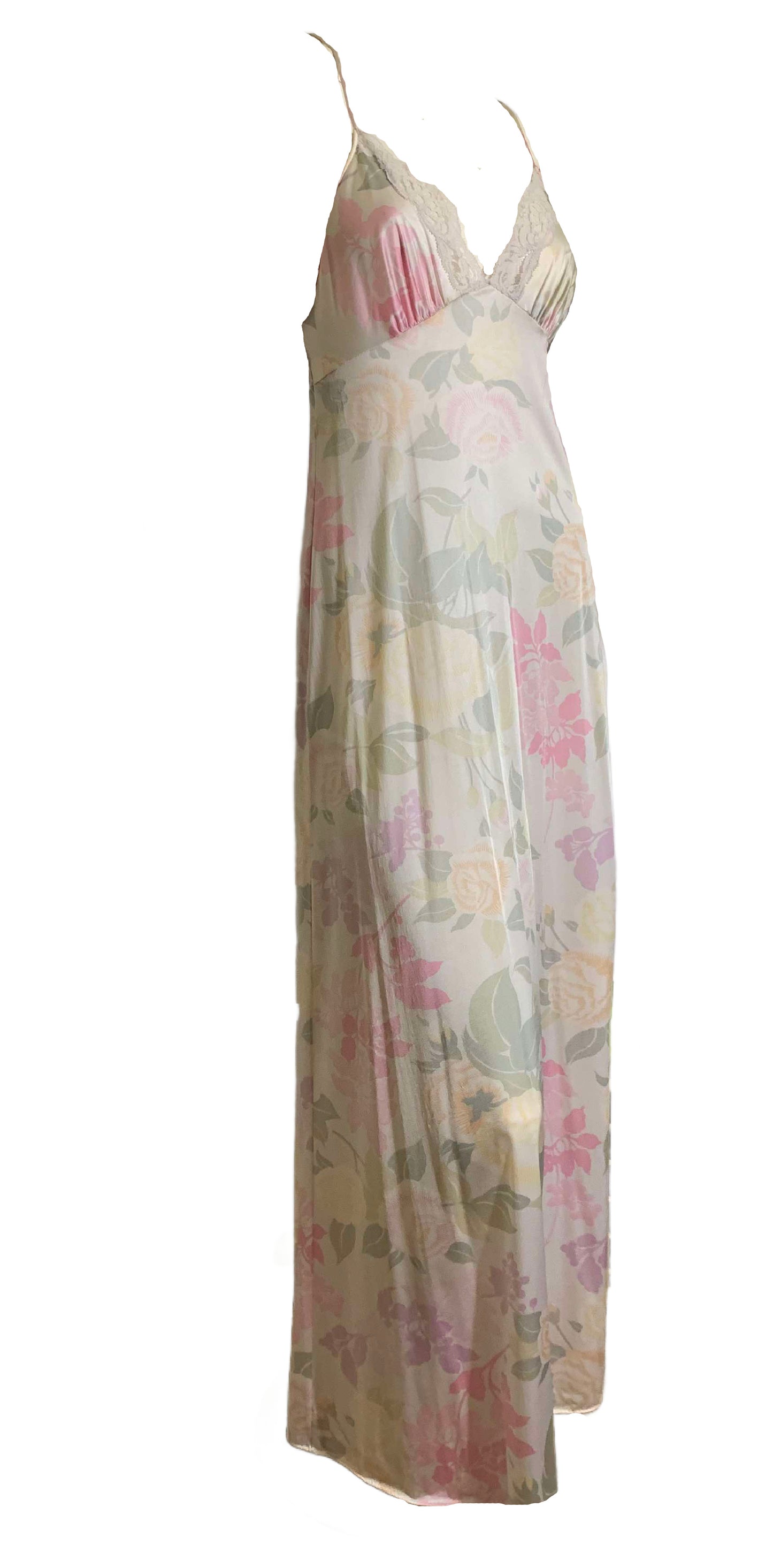 Watercolor Soft Pastel Floral Print Slinky Nylon Nightgown circa 1970s