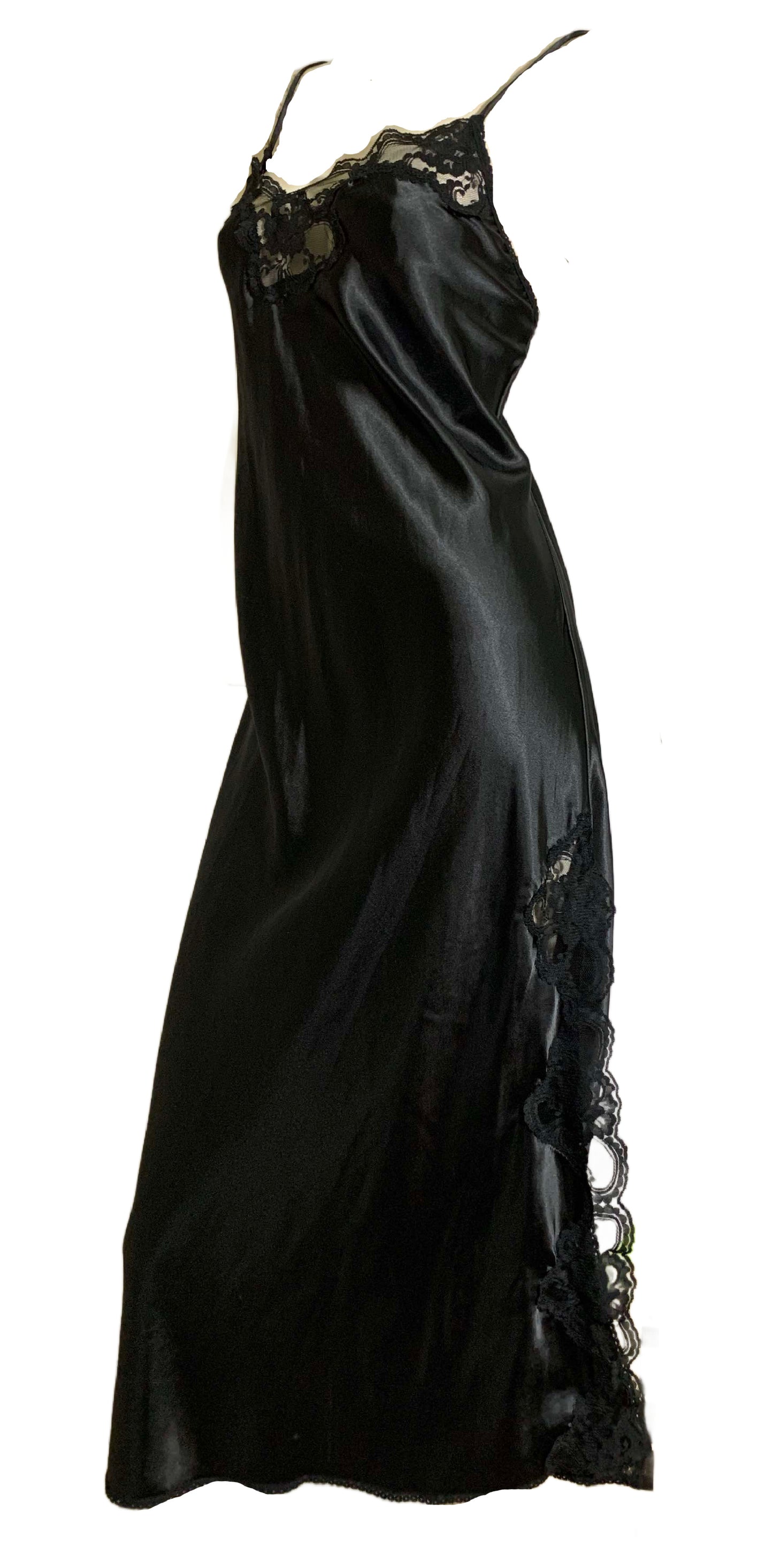 Slinky Black Satin and Lace Bias Cut Side Slit Nightgown circa 1980s M