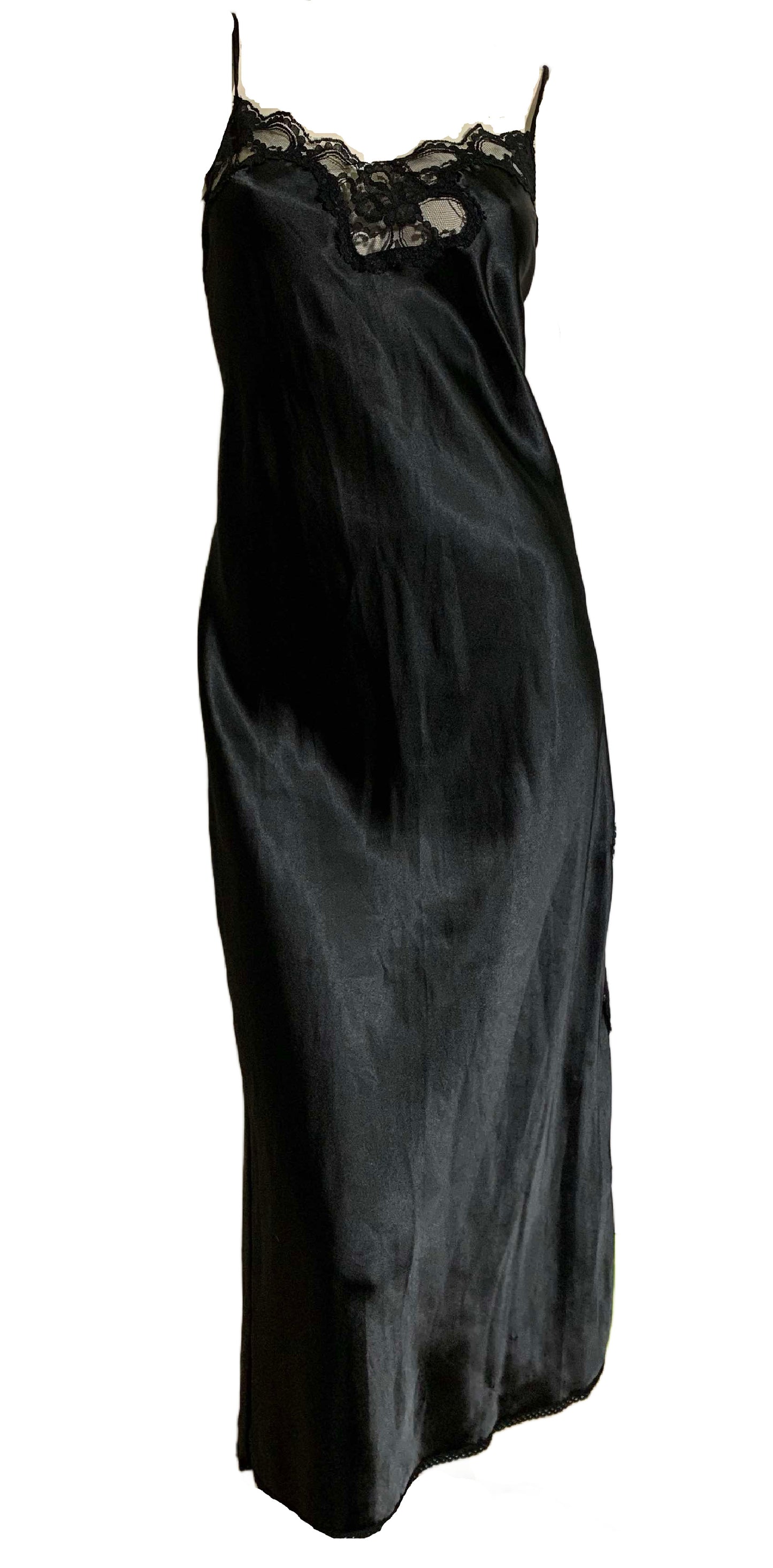 Slinky Black Satin and Lace Bias Cut Side Slit Nightgown circa 1980s M