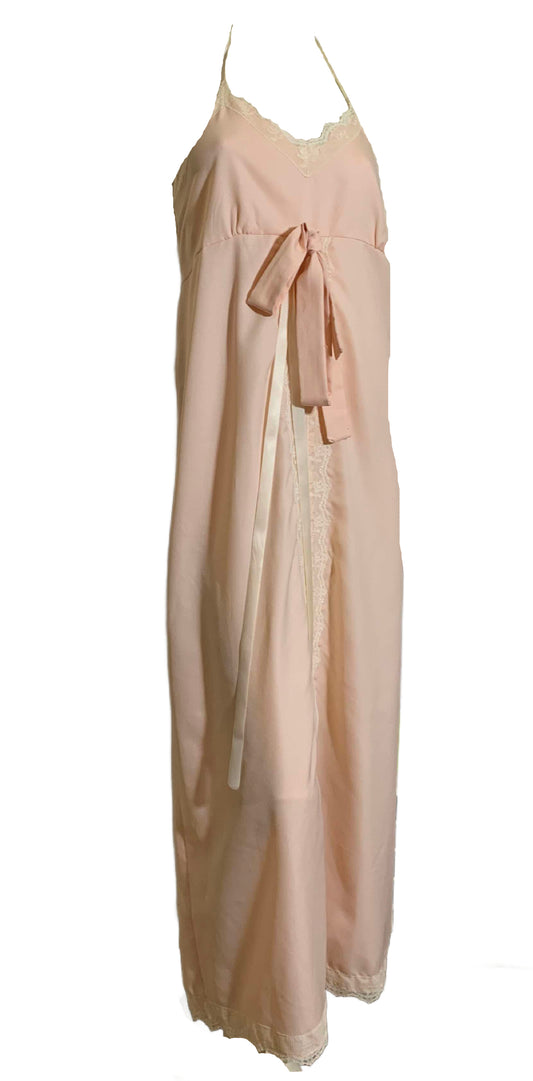 Demure Pale Peach Crepe Poly Halter Dress with Lace Trim circa 1970s