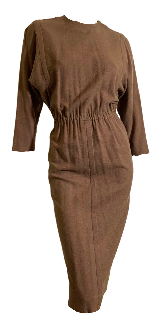 Clay Brown Wool Sheath Dress with Covered Buttons Down Back circa 1960s