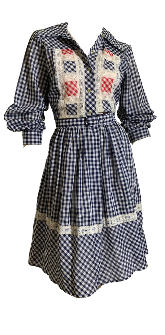 Blue and White Gingham Cotton Lace Trimmed Dress circa 1970s
