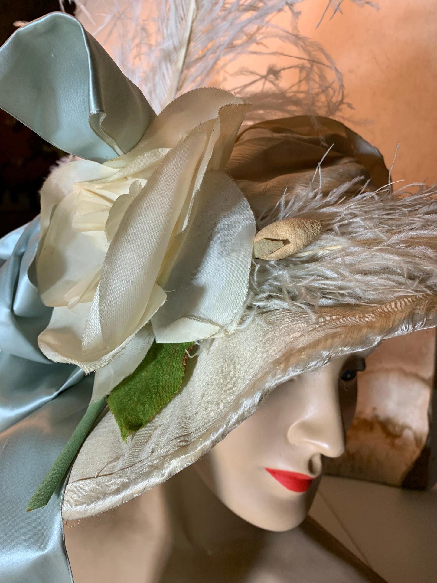 The Bride Reimagined Edwardian Silk Hat and Flowers with Antique Hanky, Pale Blue Ribbon and Feathers