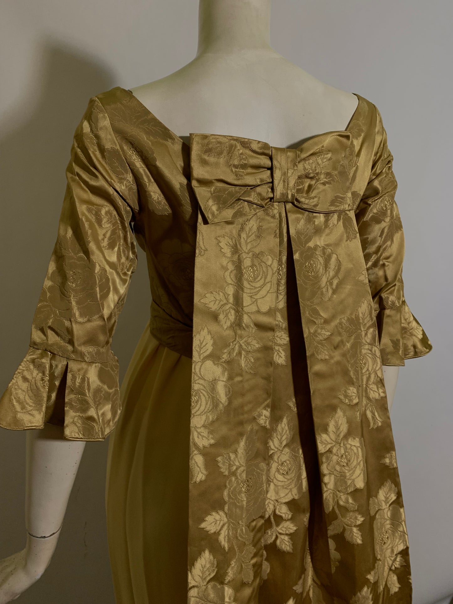 Goldenrod Long Dress Satin Bodice Watteau Train circa 1960s