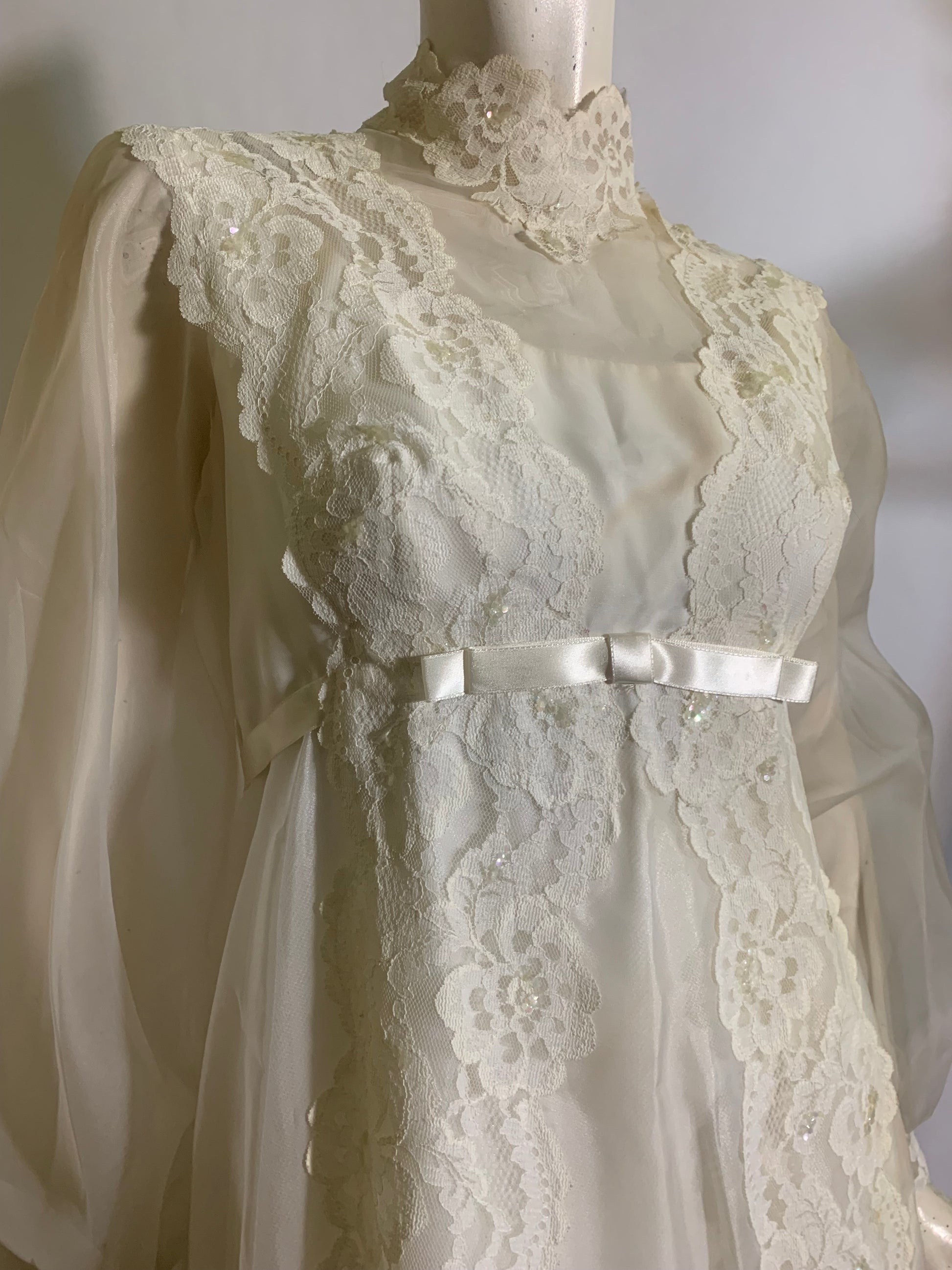 Regency Inspired Empire Waist Lace Trimmed Wedding Dress & Long Veil Circa 1960s Regency Inspired Empire Waist Lace Trimmed Wedding Dress & Long Veil Circa 1960s