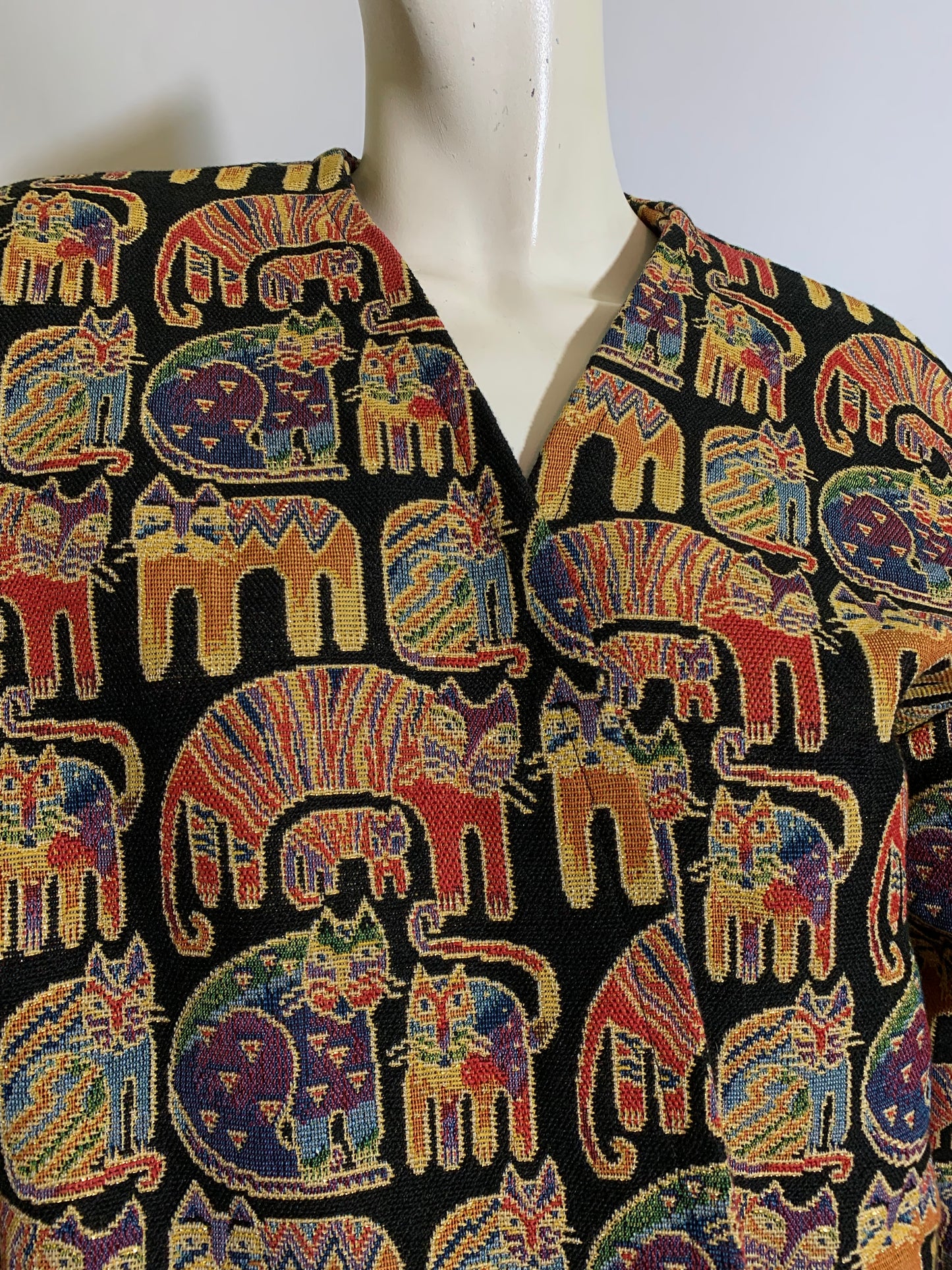 Laurel Burch Inspired Metallic Tapestry Cat Design Jacket circa 1990s