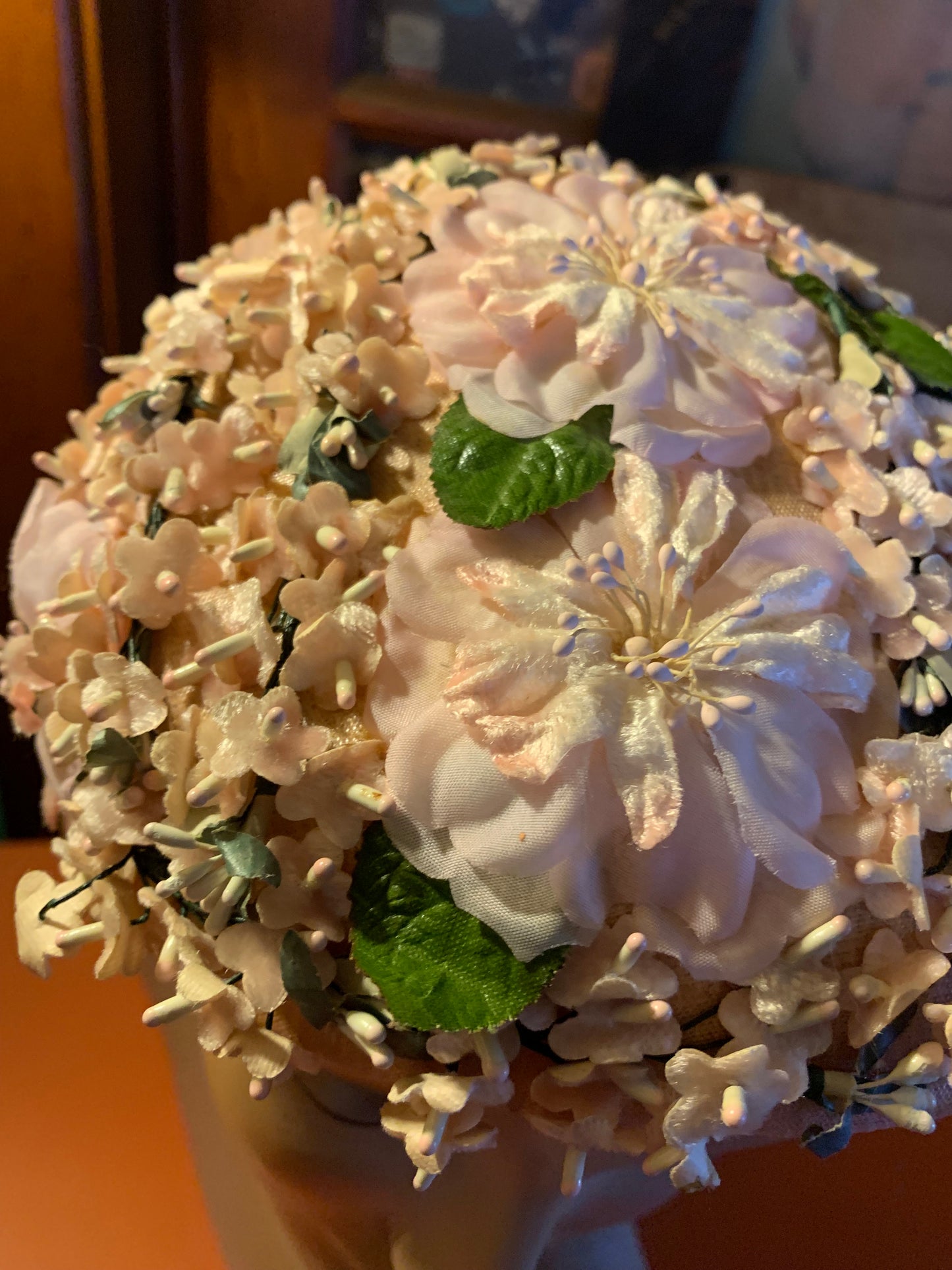 Dainty Pink Silk Flower Trimmed Sculpted Cocktail Hat circa 1950s